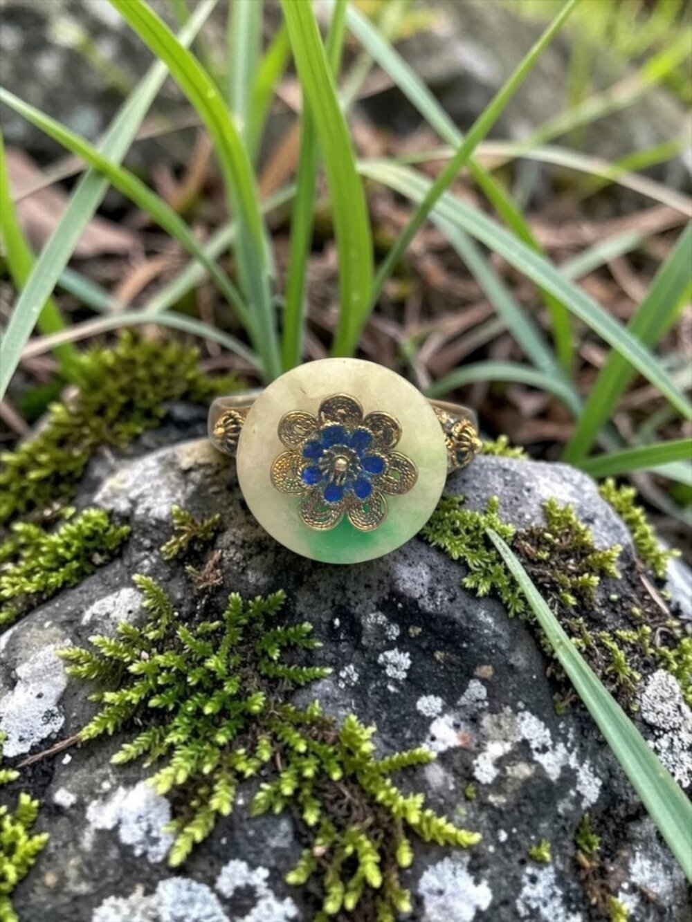 Chinese Export Silver Gold Gilt Jadeite Enamel Ring